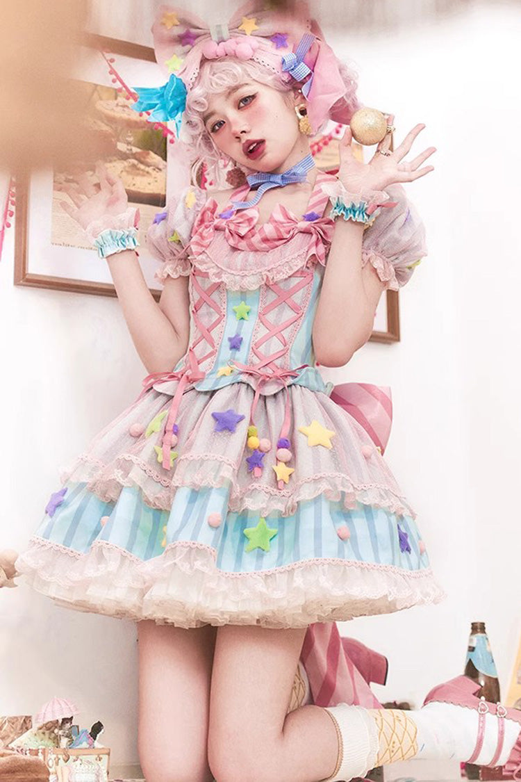 Pink [Sugar Magic] Print Ruffle Bowknot Lace Lace-Up Sweet Lolita Dress