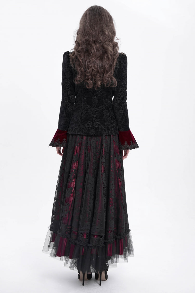 Black/Red Stand Collar Long Trumpet Sleeves Embroidery Women's Gothic Jacket