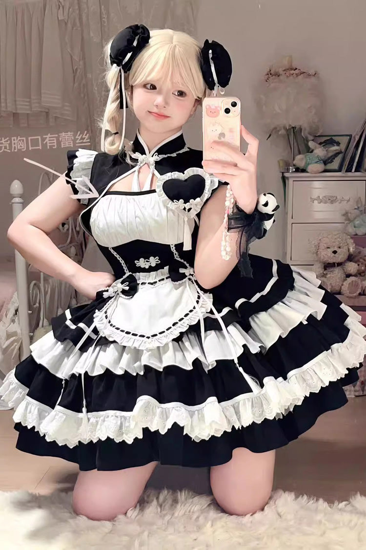 Süßes Lolita-Cheongsam-Kleid im chinesischen Stil mit mehrlagigen Rüschen in Schwarz/Weiß