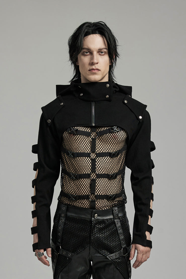 Black Stand Collar Hooded Cutout Men's Punk Jacket