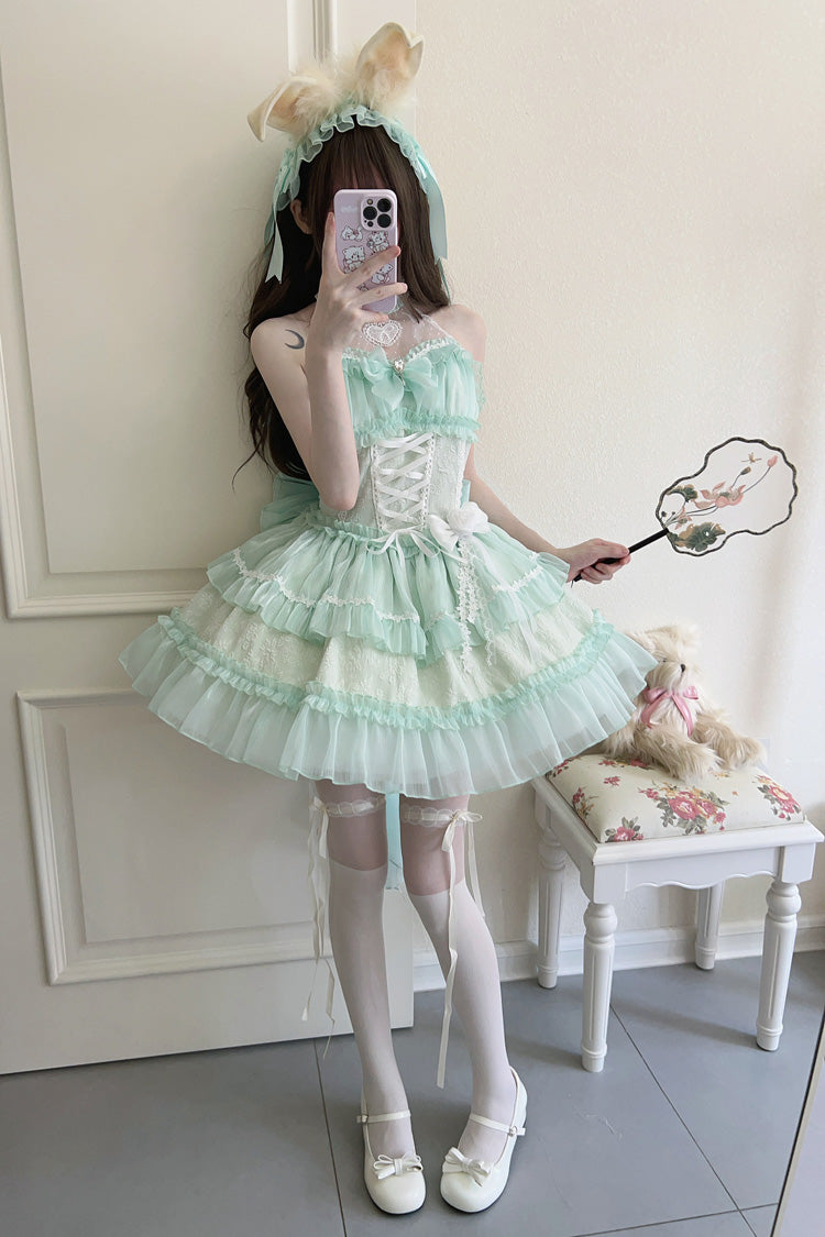 Green Halterneck Triple-Layered Bowknot Lace Sweet Lolita Jsk Dress