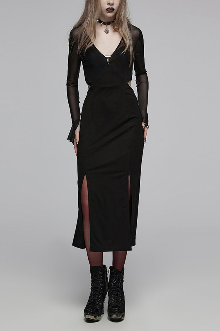 Schwarzes Gothic-Kleid mit V-Kragen und langen Ärmeln aus hohlem Netzstoff für Damen