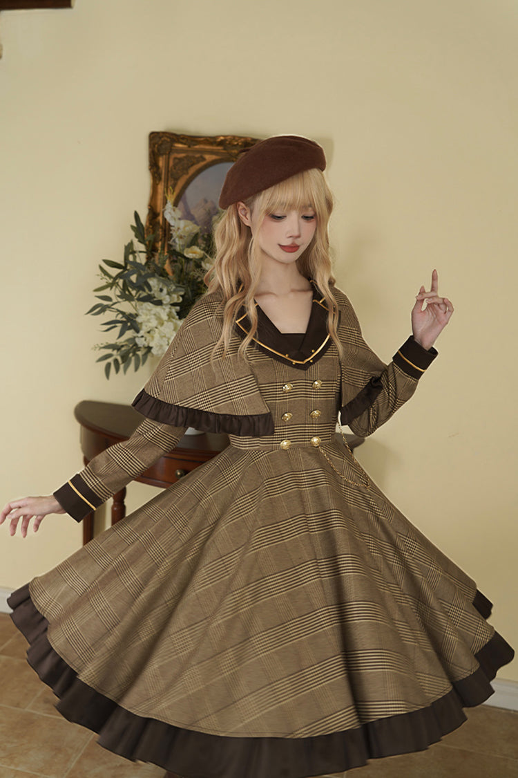 Brown [Baker Street Stories] Stripe Print Ruffle Fake Two Pieces British College Style Classic Lolita Dress