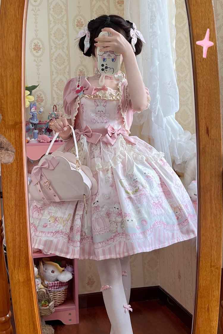 Süßes Lolita-Kleid mit Kaninchen-Bär-Druck, Rüschen und Schleife, 3 Farben