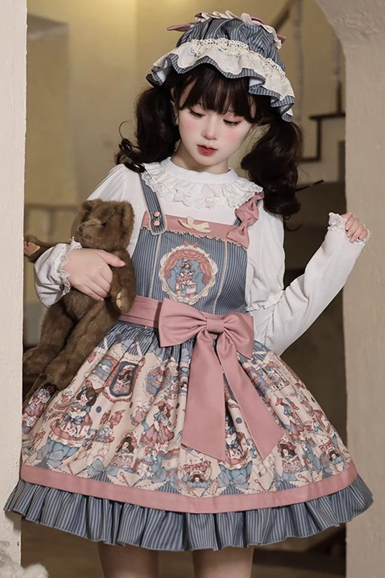 Blue Doll Print Ruffle Bowknot Sweet Lolita Strap Dress