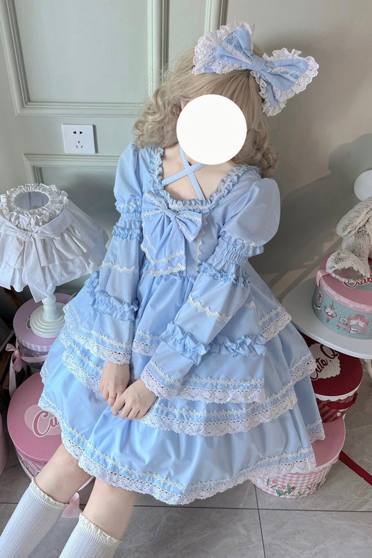 Blaues süßes Lolita-Kleid mit dreilagigen abnehmbaren Ärmeln, Schleife und Schnürung