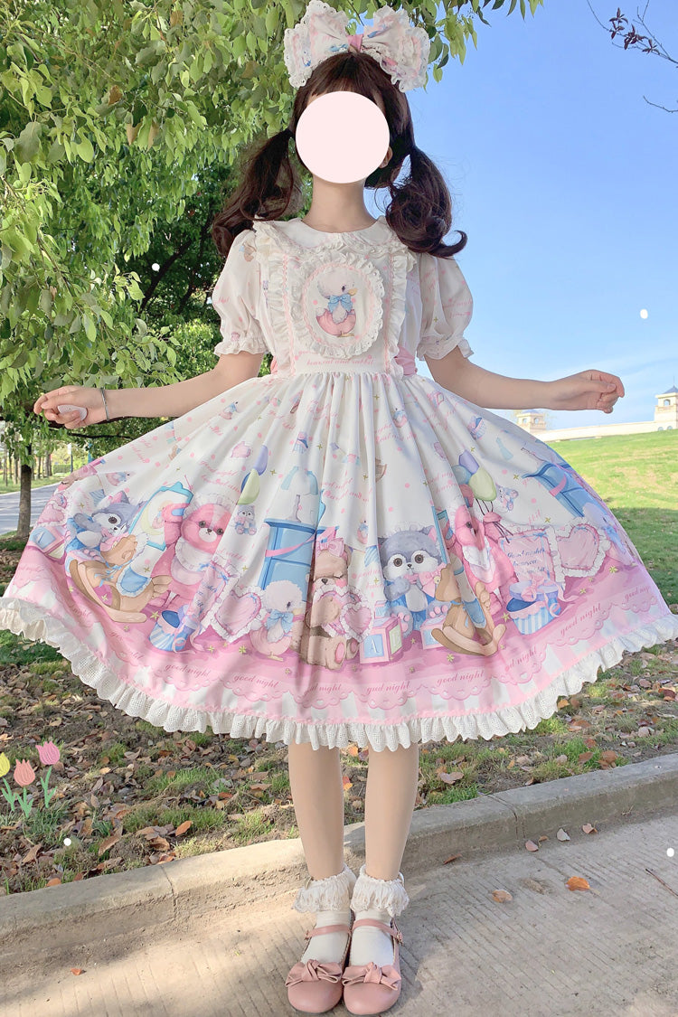 White/Pink Duck Bear Toys Print Short Sleeves Ruffle Bowknot Sweet Lolita Dress