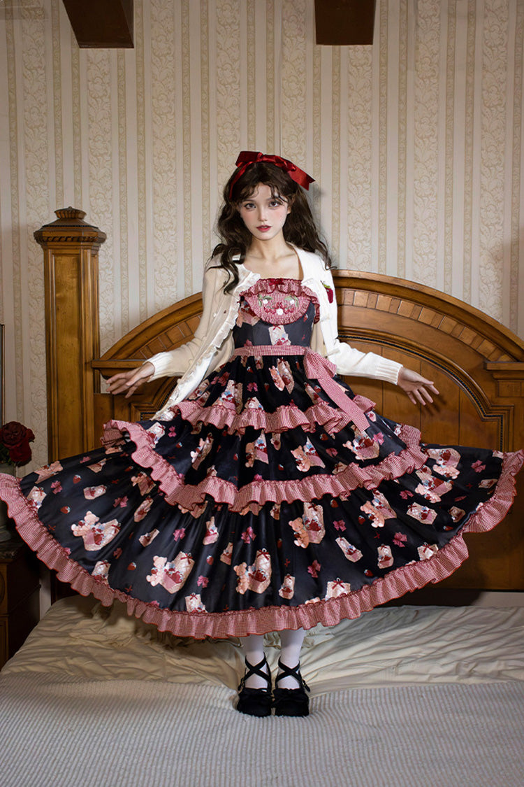 Blue/Pink [Bell Strawberry Farm] Embroidery Print Triple-Layered Ruffle Sweet Lolita JSK Dress