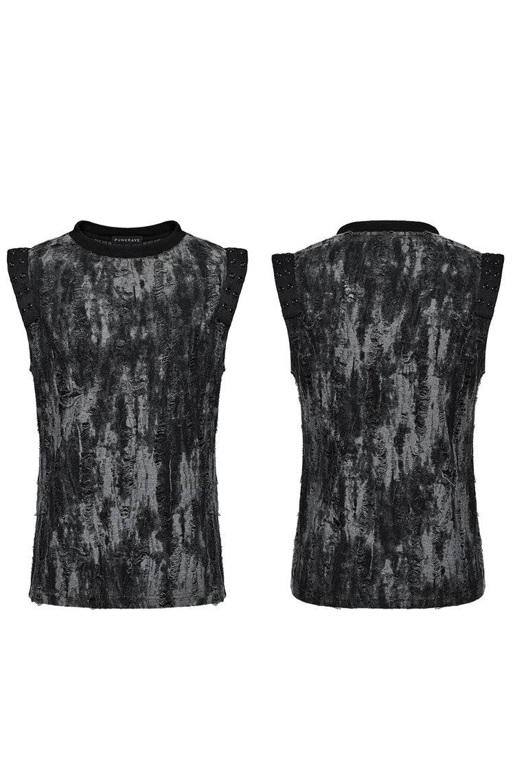 Black/Grey Round Collar Sleeveless Print Ripped Distressed Eyelet Men's Gothic Tank Top