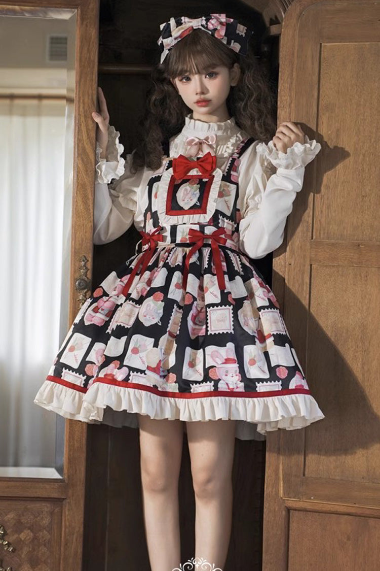 Black [Letter from Showa] Rabbit and letter Print Ruffle Bowknot Sweet Princess Lolita Strap Dress