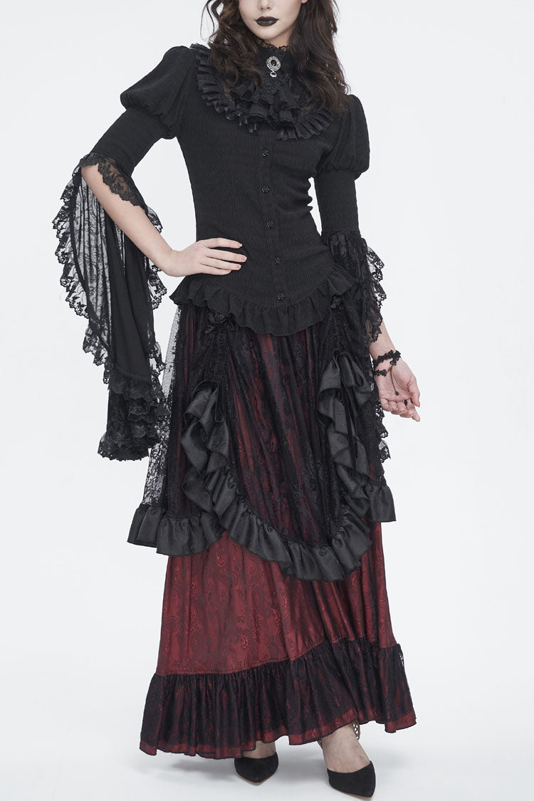 Schwarze Gothic-Bluse mit Stehkragen und Trompetenärmeln, Rüschen, Stickerei und Spitze für Damen