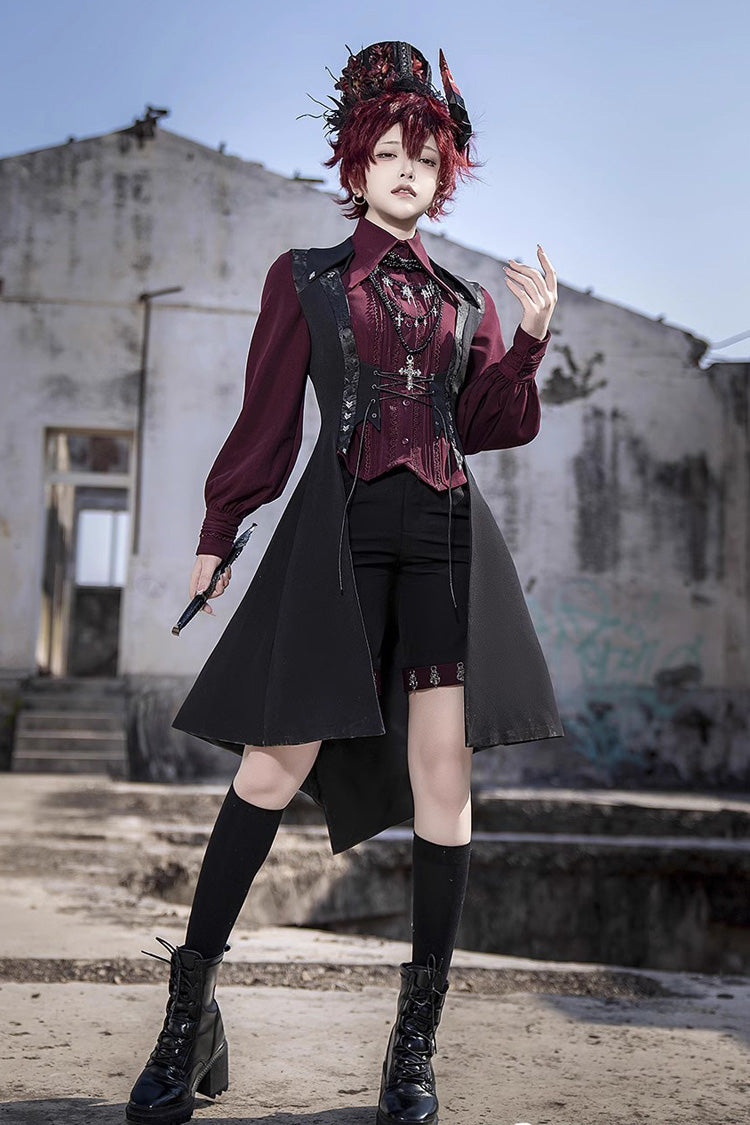 Black Lace-Up Slim Gothic Vintage Prince Ouji Lolita Long Vest