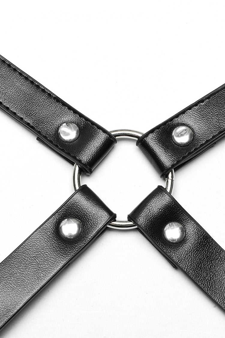 Black PU Leather Cross Metal Ring Buckle Women's Steampunk Body Harness