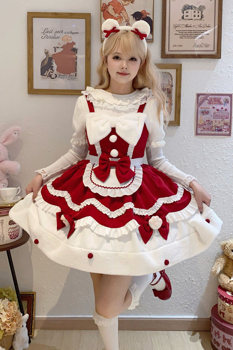 [Cream Snow Cat] Winter Ruffle Bowknot Sweet Lolita Jsk Dress 3 Colors