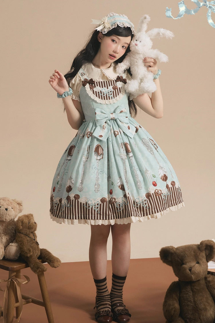 Green [Chocolate Cherry] Print Bowknot Sweet Lolita Jsk Dress