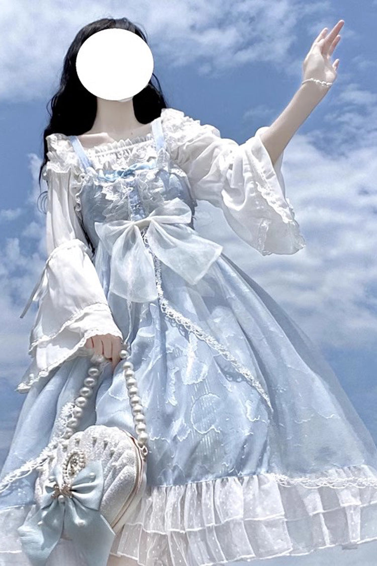 Hellblaues süßes Lolita JSK-Kleid aus Jacquard mit Rüschen und Schleife