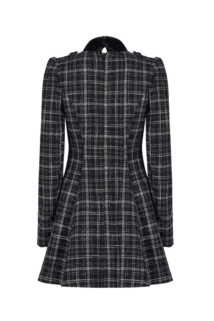 Black/White Small V-neck Tie Design Checked Woolen Cloth And Velvet Stitching Bow Collect Waist Women's Punk Dress