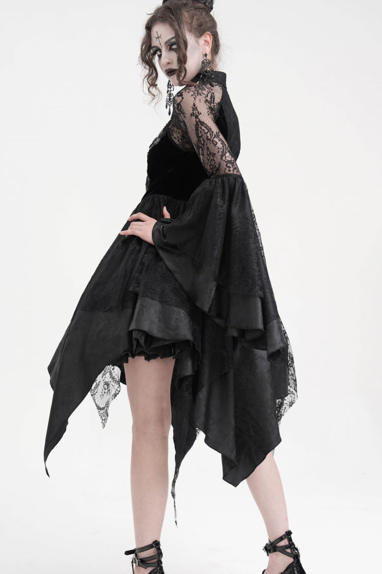 Black Long Sleeves Embroidery Lace Lace-Up Irregular Sheer Mesh Women's Gothic Dress