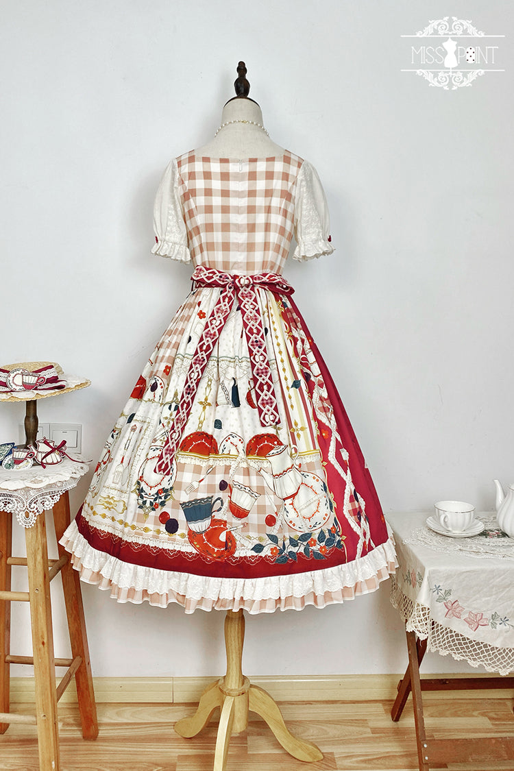 Red [Tea Party] Short Sleeves Print Ruffle Bowknot Lace Sweet Elegant Lolita Dress