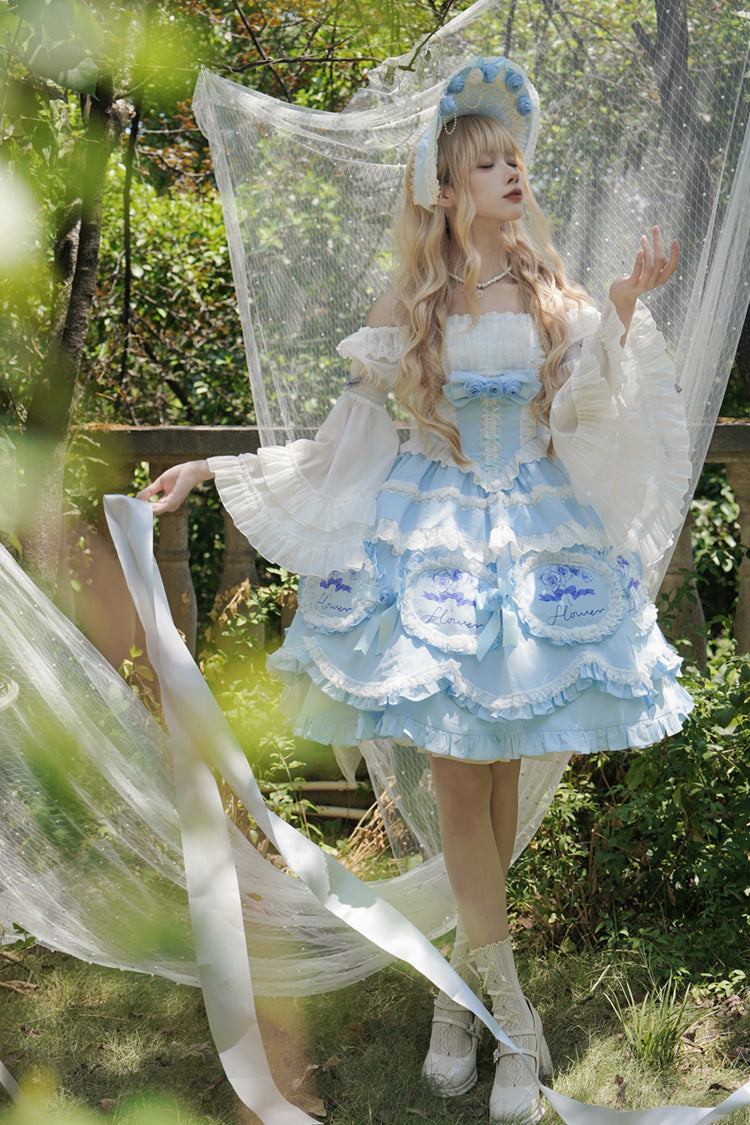 Blau [Butterfly Dream] Mehrlagiges Rüschen-Schleifen-Prinzessinnen-Lolita-Jsk-Kleid