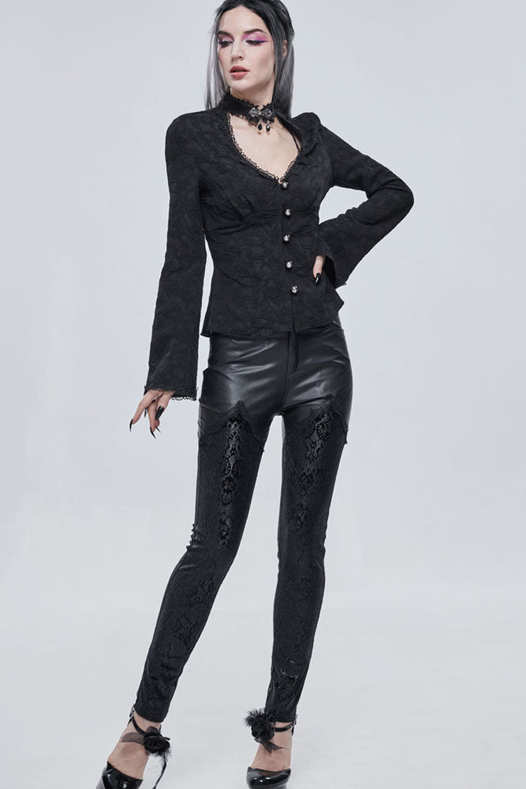 Black Gothic Metal Rose Button Leather Lace Panel Slim Fit Women's Long Pants