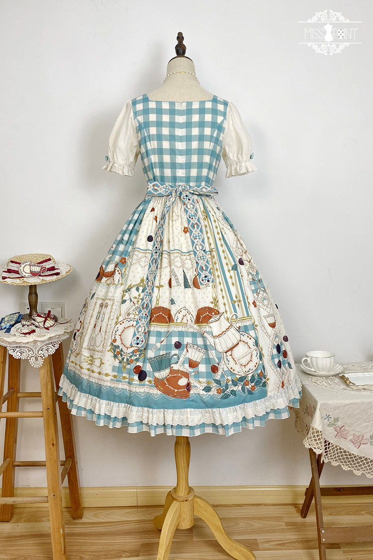 Blue/Green [Tea Party] Short Sleeves Print Ruffle Bowknot Lace Sweet Elegant Lolita Dress