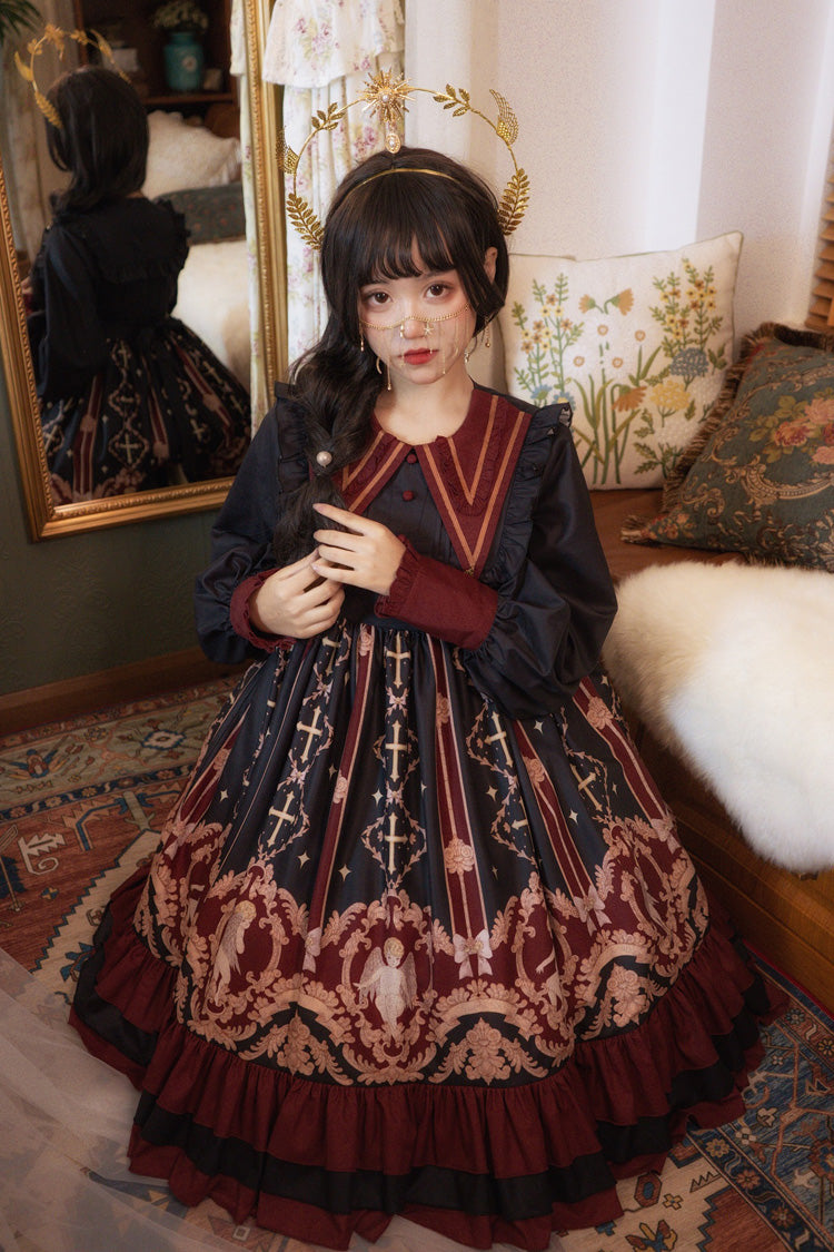 [Angel's Redemption] Long Sleeves Angel Print Ruffle Bowknot Sweet Lolita Dress 3 Colors