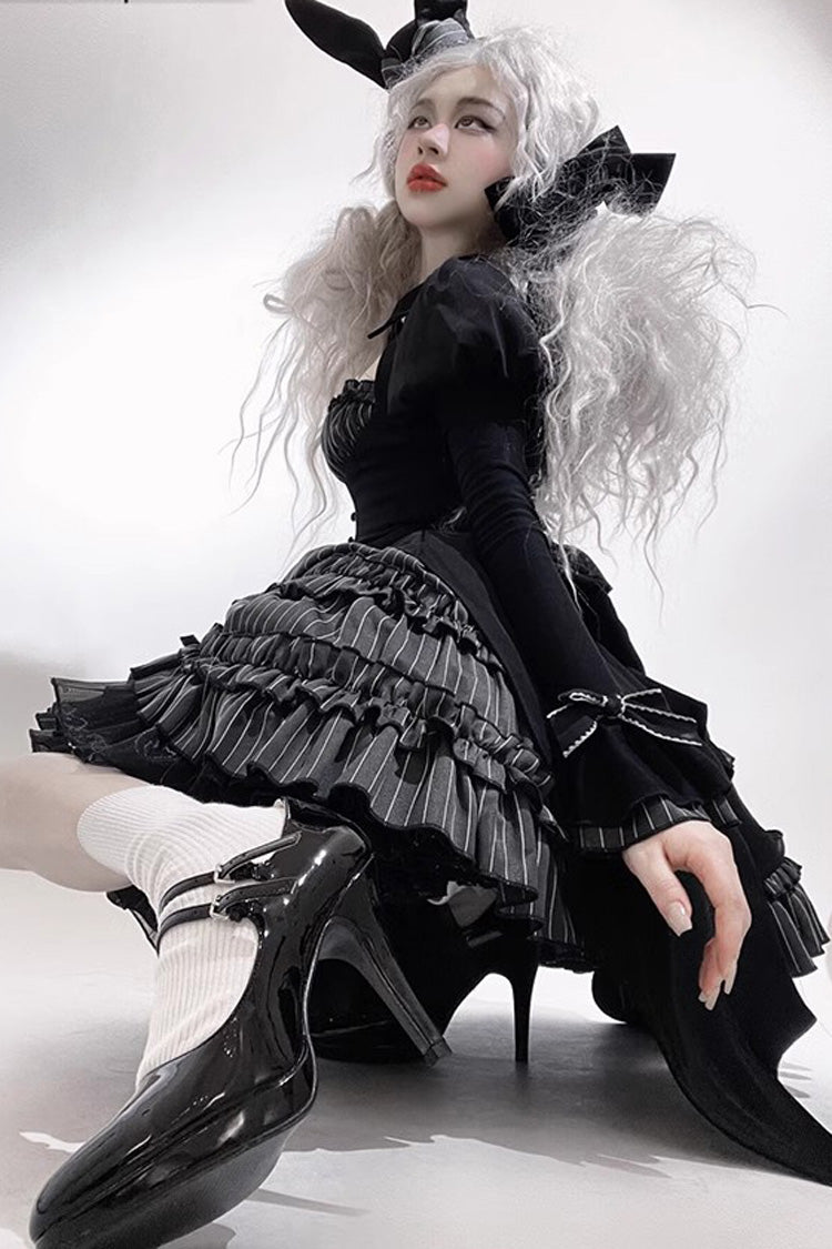 Black [Duke of the Trap Rabbit] Long Sleeves Stripe Print Ruffle Bowknot Lace Gothic Lolita Dress