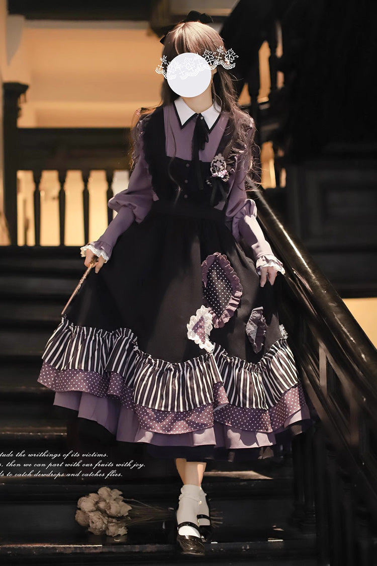 Schwarzes [Witch Academy] Doppellagiges, süßes Lolita-Pulloverkleid mit Streifenmuster, Rüschen und Schleife