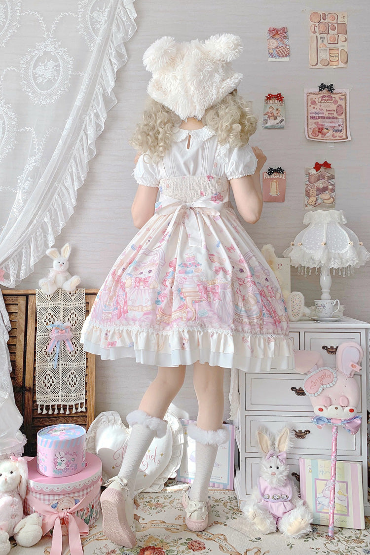 Ivory Cute Cat Print High Waisted Ruffle Bowknot Sweet Princess Lolita JSK Dress