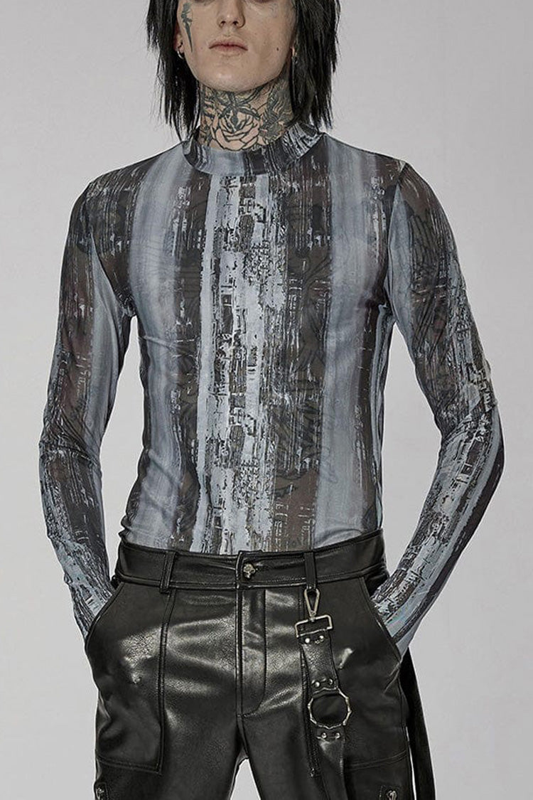 Black/Grey Punk High Collar Technology Sense Printing Elasticity Tight Long Sleeves Men's Shirt