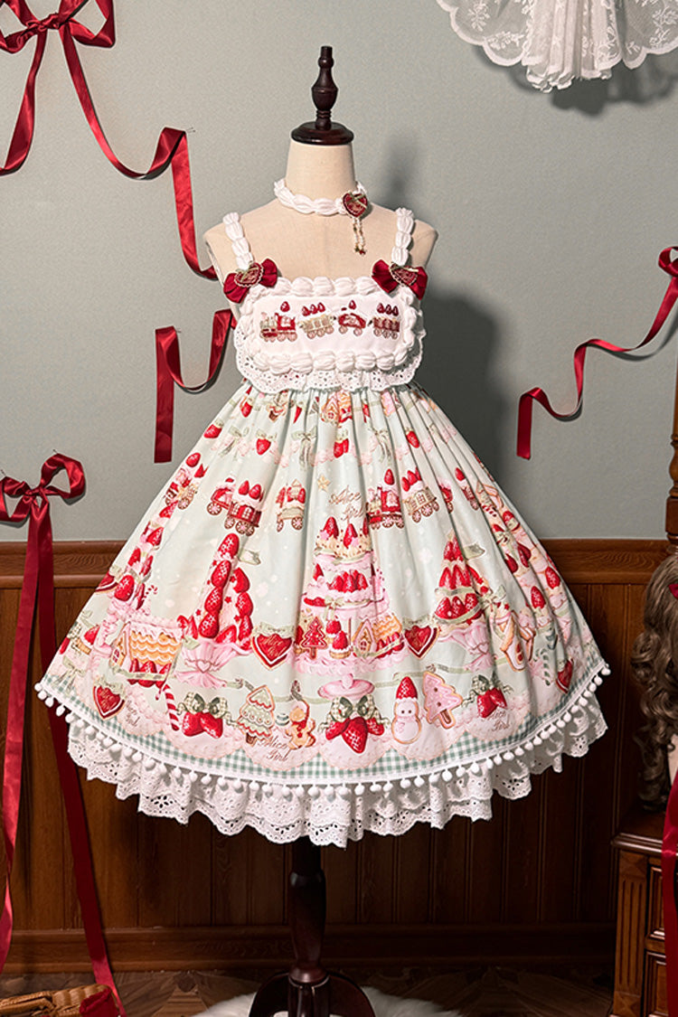 Süßes Lolita JSK-Kleid mit Rüschen und Schleife, Mint, Erdbeer-Dessert-Print, hoher Taille, 4 Farben