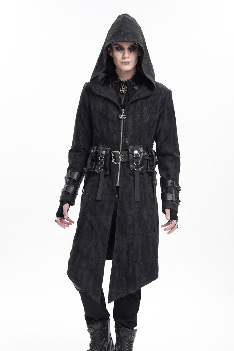 Black Buckle-up Eyelets Long Sleeves Hooded Men's Gothic Jacket