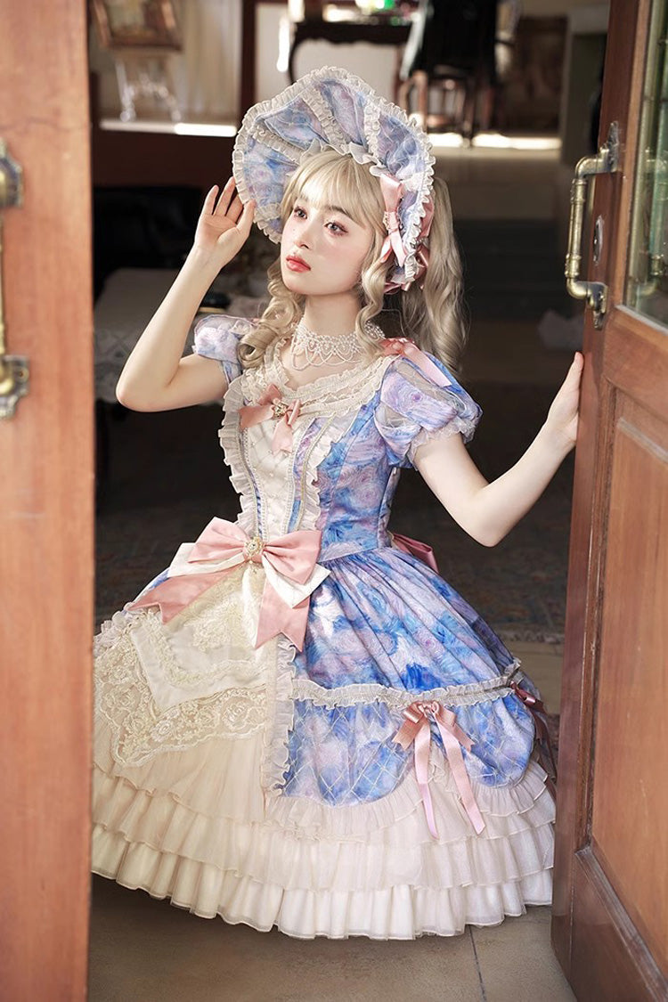 [Angel Heart Sky Oil Painting] Print Ruffle Cardigan Bowknot Sweet Princess Lolita Dress 3 Colors