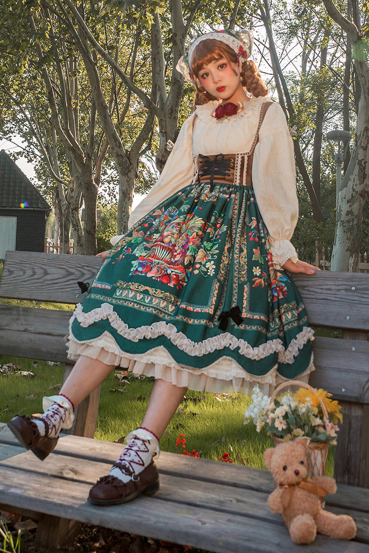 Grün [Ode an die Fülle] Beeren- und Vogeldruck Rüschen Bowknot Samt Klassisches Lolita Brustunterstützung Jsk Kleid