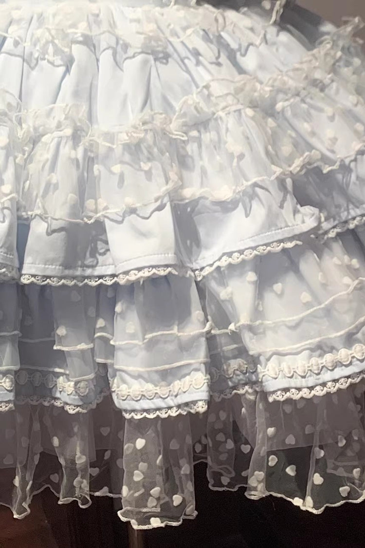 Blaues mehrlagiges Rüschen-Spitzen-Lolita-JSK-Kleid mit süßer Prinzessinnen-Optik