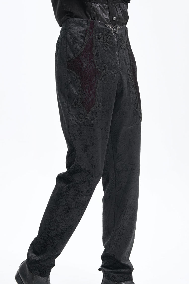 Black Floral Branded Print Embroidery Zipper Men's Gothic Pants