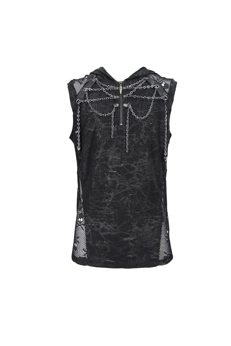 Black Skull Hollowed Out Print Stitched Sleeveless Chain Hoodie Men's Punk Shirt