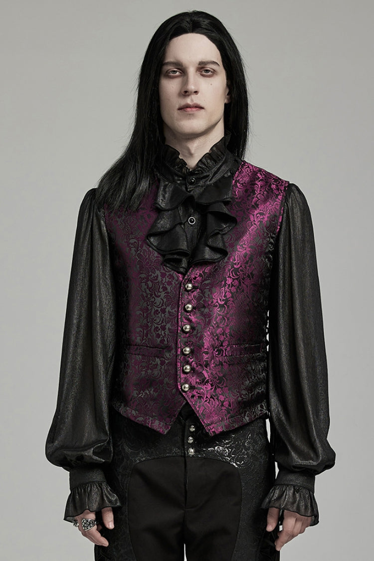 Black/Red Jacquard Lace-Up Slim Men's Gothic Vest