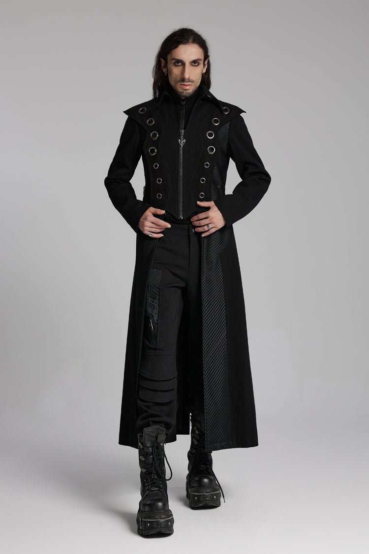 Black Metal Ring Zipper Long Sleeves Men's Punk Long Jacket