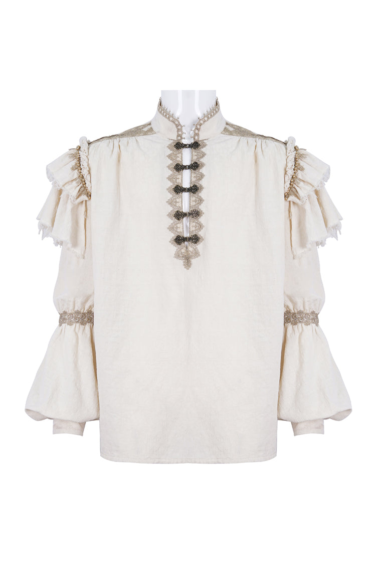 Beige Stand Collar Lantern Sleeves Multi-layer Ruffle Men's Gothic Blouse