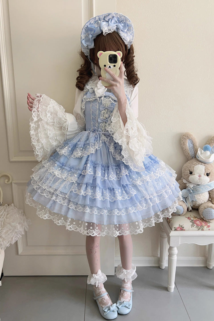 Blue [Love Overture] Multi-Layered Ruffle Bowknot Lace Sweet Lolita Jsk Dress