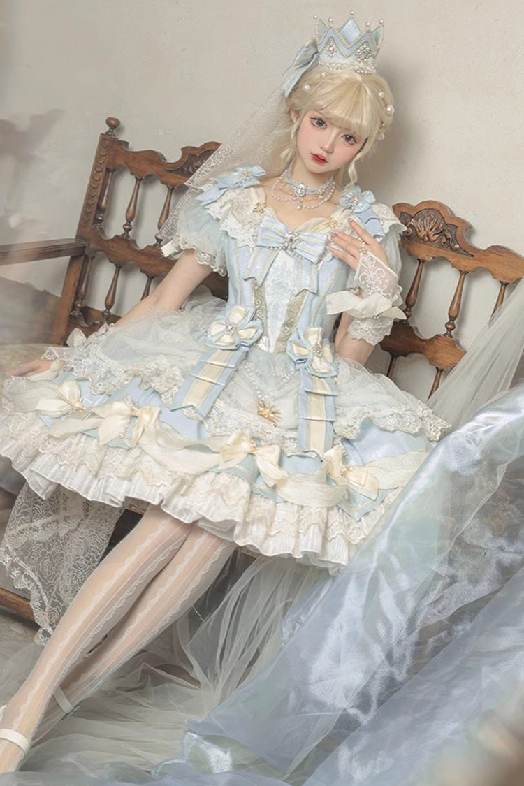 Light Blue [Girls' Day] Short Sleeves Multi-Layered Ruffle Bowknot Lace Sweet Lolita Dress 2 Versions