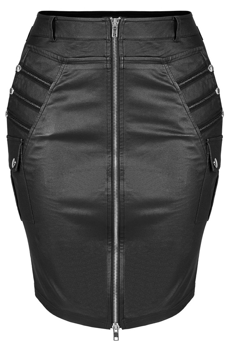 Black Slim Faux-Leather Elasticity Knitted Fabric Pocket Decoration Metal Zipper Sexy Short Women's Plus Size Punk Dress