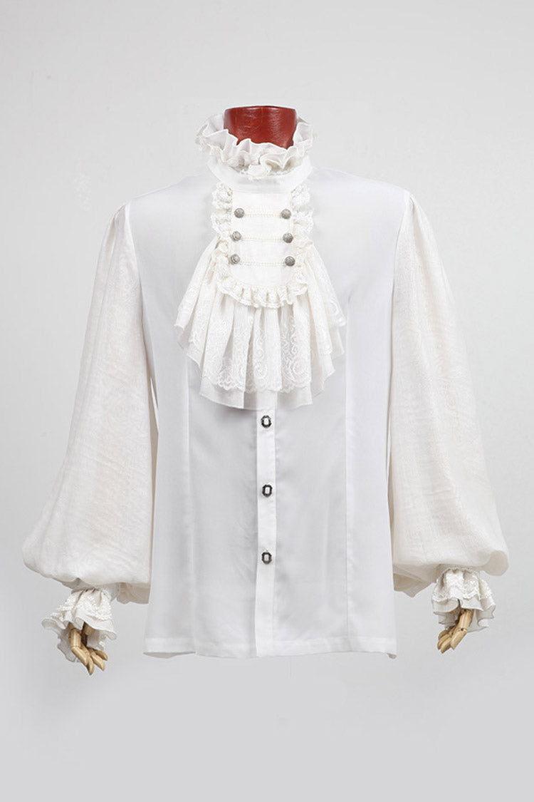 White Stand Collar Retro Button Long Lantern Sleeves Mens Gothic Blouse