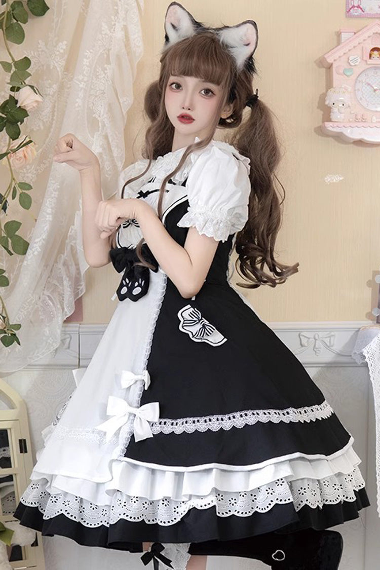 White/Black Cat Print Ruffle Bowknot Maid Sweet Lolita Dress