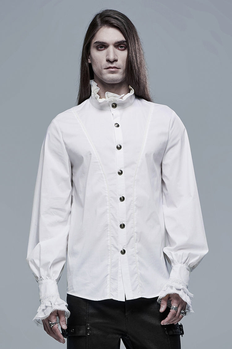 White Stand Collar Lantern Sleeves Slim Men's Gothic Blouse