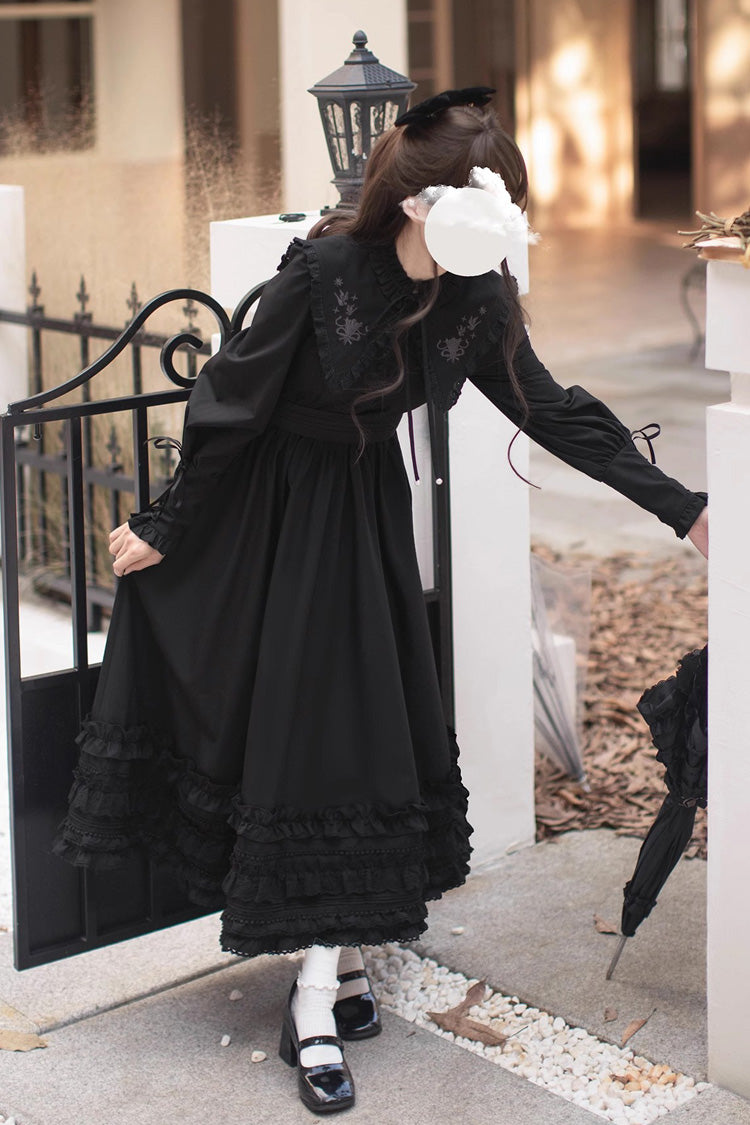 Black [Wind Kissed Tulips] Long Sleeves Ruffle Embroidery Bowknot Gothic Vintage Elegant Lolita Dress