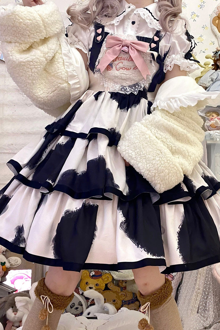 Black Sleeveless Triple-Layered Cow Print Ruffle Bowknot Sweet Lolita Jsk Dress