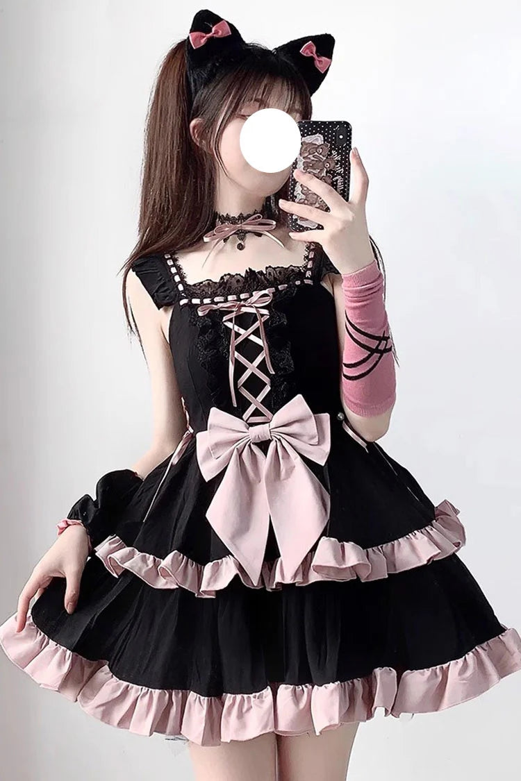 Black/Pink Double Layer Ruffle Bowknot Lace-Up Sweet Princess Lolita Jsk Dress